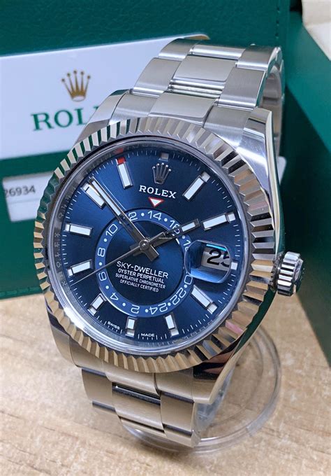 rolex sky dweller stainless steel white gold blue dial|rolex sky dweller blue price.